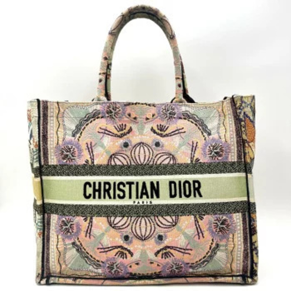 Christian Dior Book Tote Bag Embroidered Leather Multicolor Pink